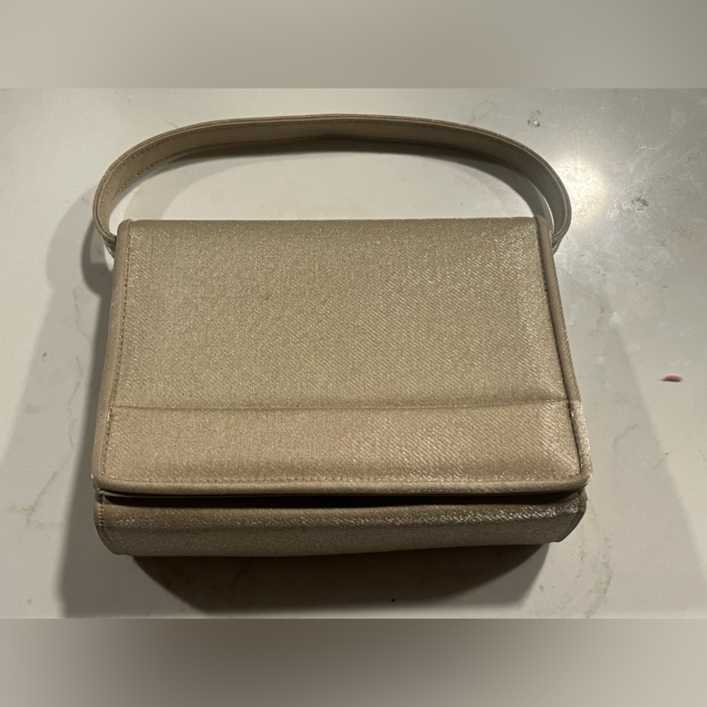 Stuart Weitzman Champagne Shimmery Satin Evening Clutch Handbag Made in Spain